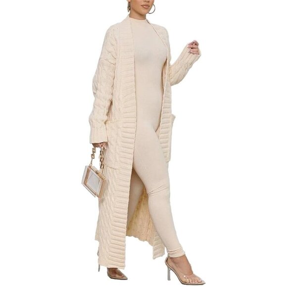 Floor Length Beige Cardigan for Women - Soft Plus Size Knit Sweater with Pockets